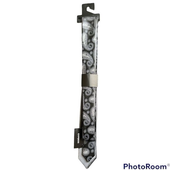 New Express Reversible Paisley Grey Skinny Tie - Picture 2 of 5